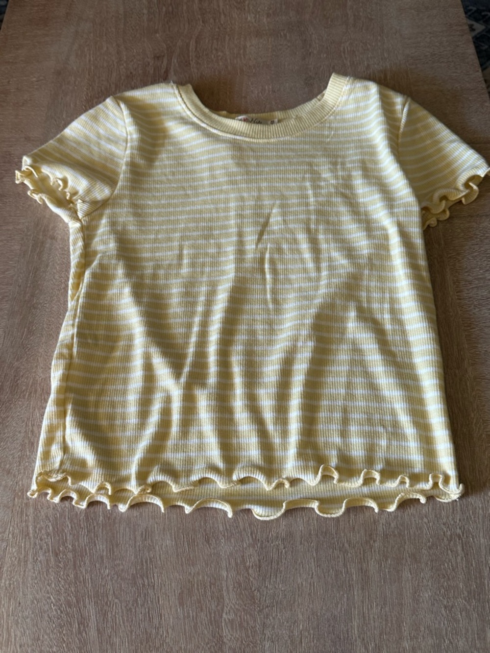 Heart Hips Yellow & White Striped Ruffle Hem Short Sleeve Top